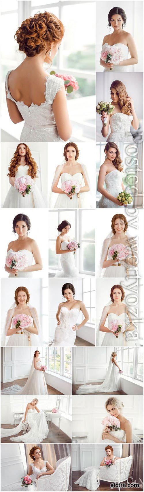 Lovely brides in luxurious dresses stock photo