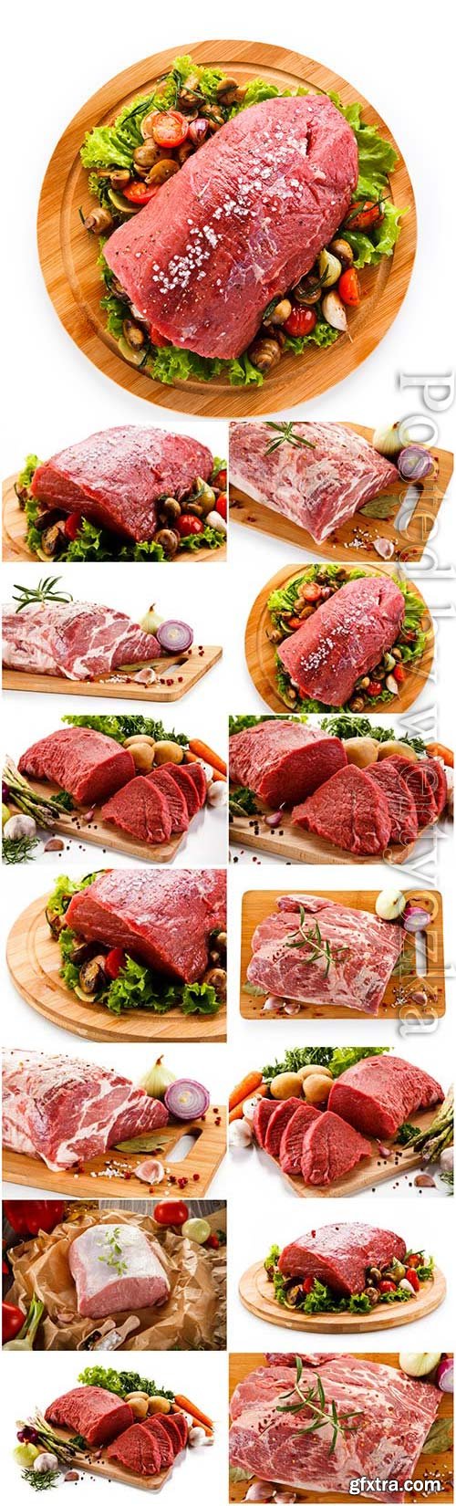 Fresh meat on a round wooden board stock photo