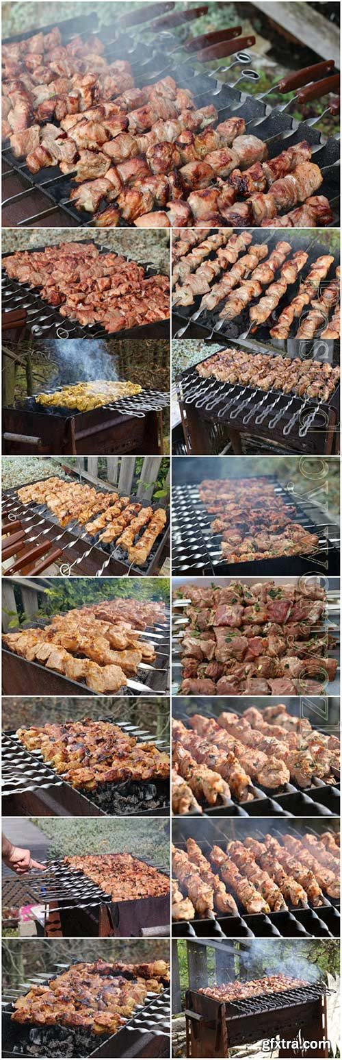 Roasted kebabs on the grill stock photos