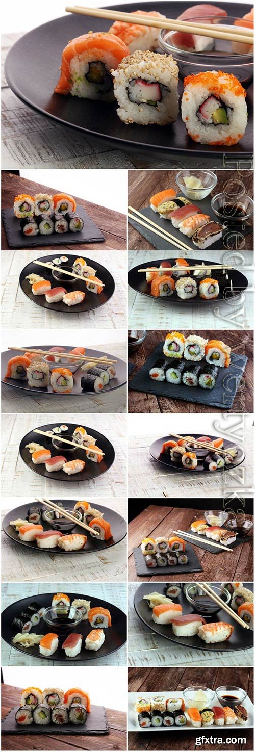 Sushi on black dish stock photo