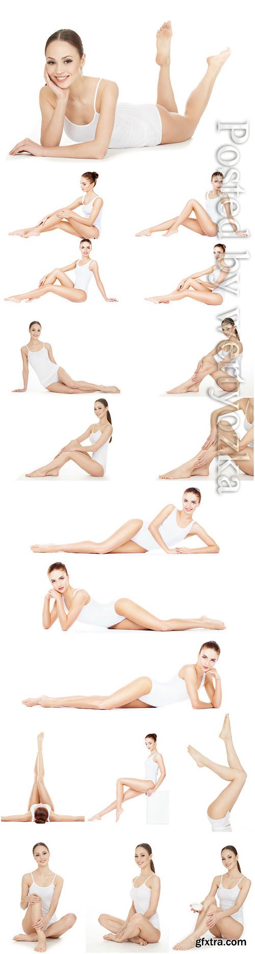 Girl in white bodysuit in different poses stock photo