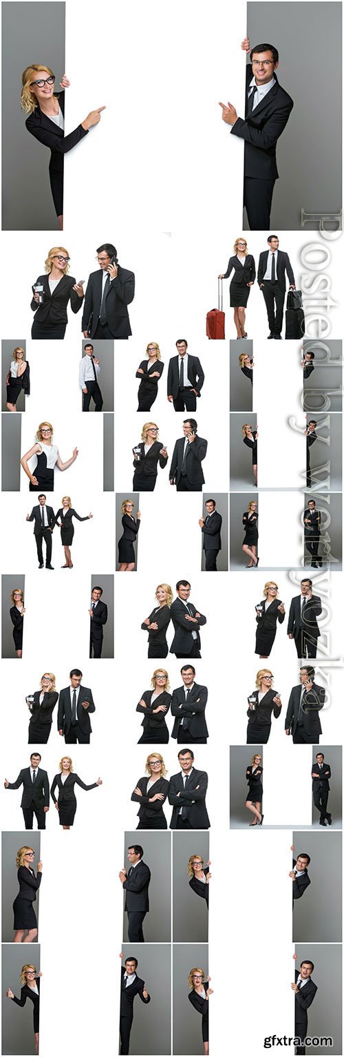 Business people with white posters stock photo