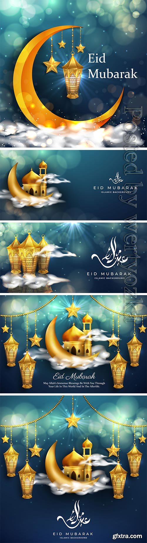 Eid mubarak background with realistic golden lanterns