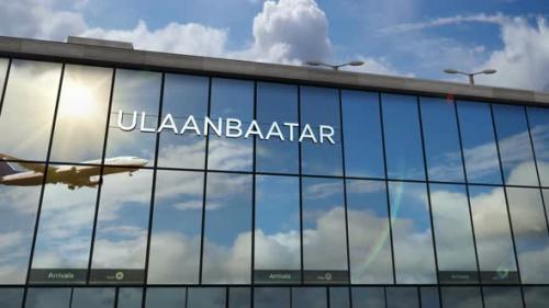 Videohive - Airplane landing at Ulaanbaatar Mongolia airport mirrored in terminal - 32842517 - 32842517