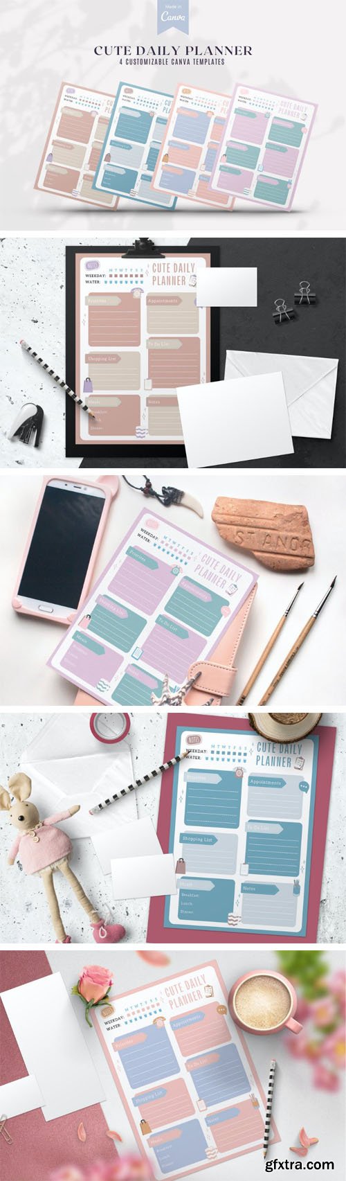 Cute Daily Planner - 4 Customizable Canva PDF Templates