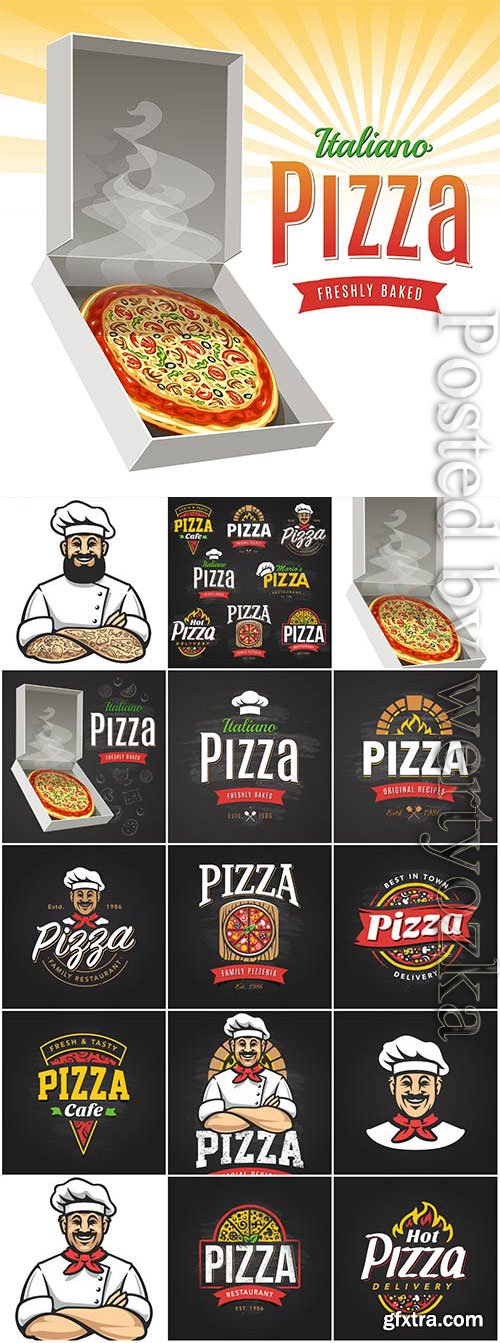 Pizza logos and advertising posters in vector