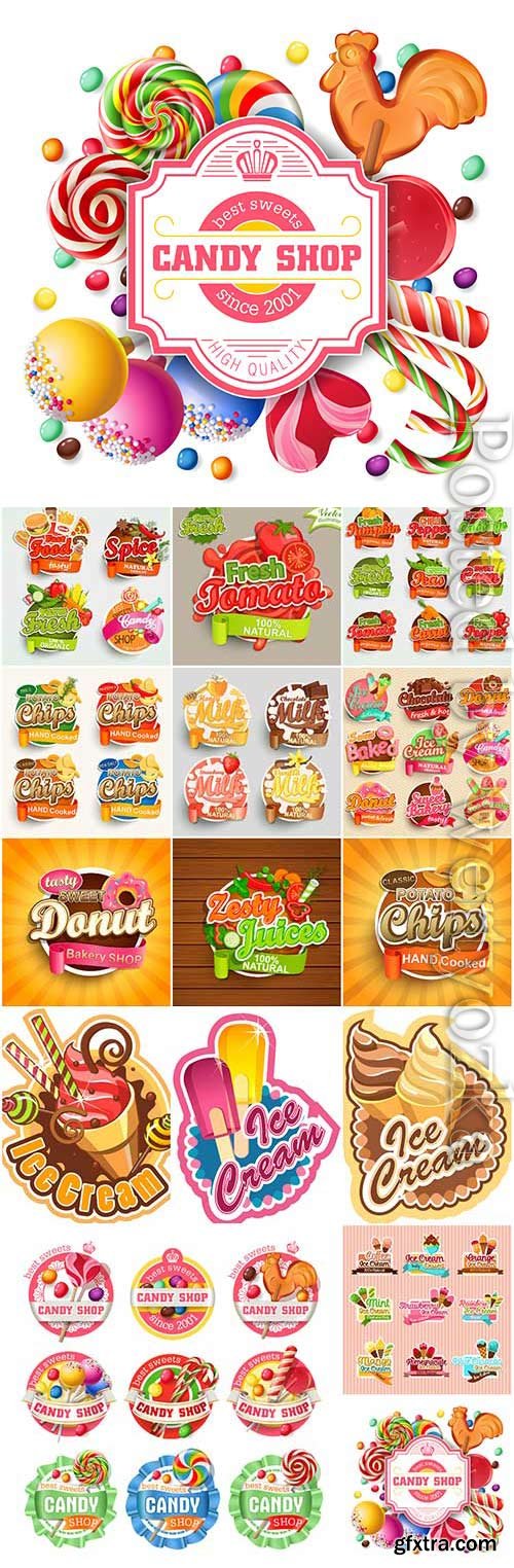 Stickers and labels with ice cream and sweets in vector