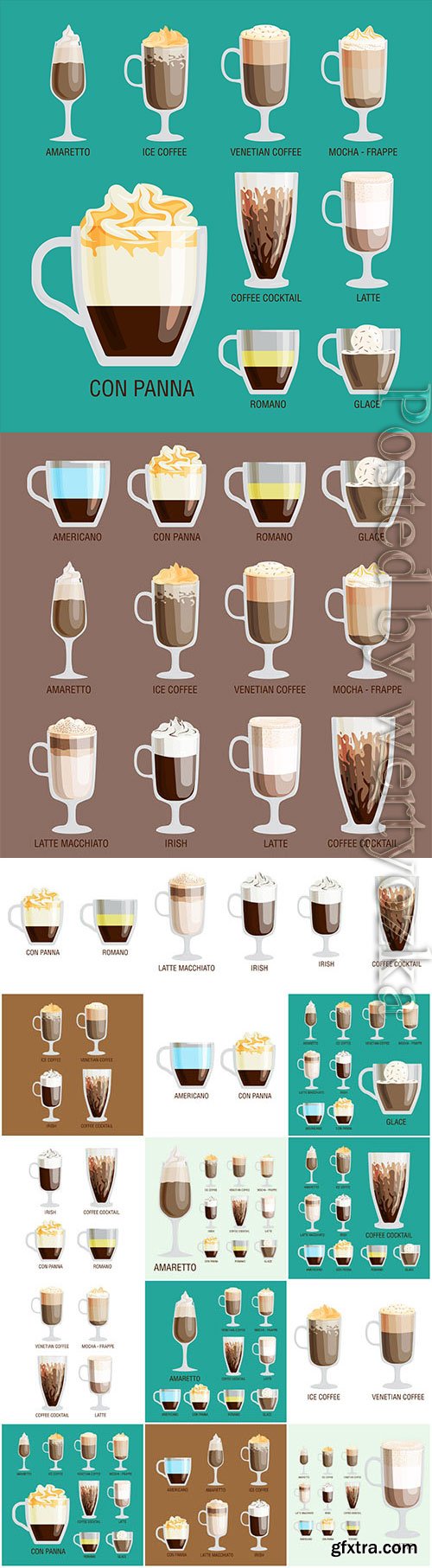 Coffee and coffee drinks in assortment in vector