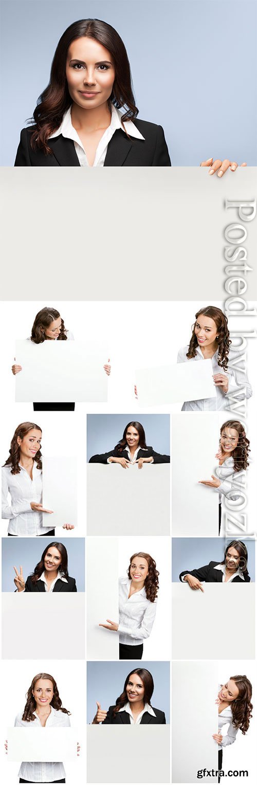 Young business women holding placards stock photo