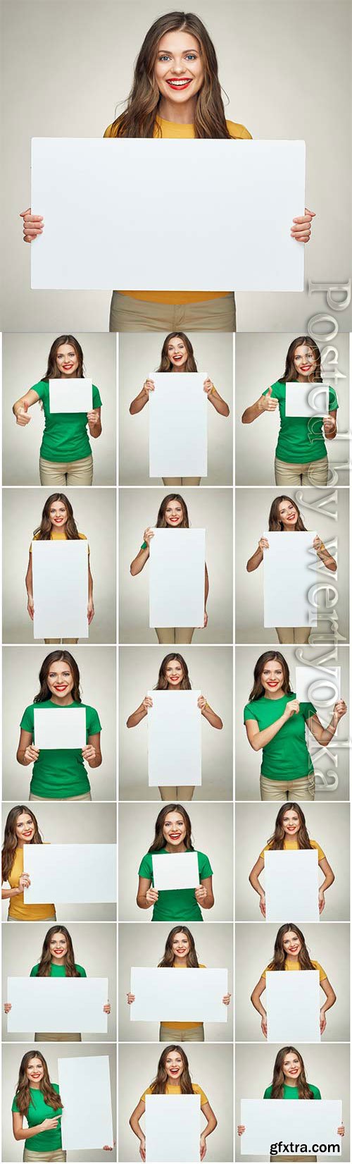 Smiling girl holding white placard stock photo