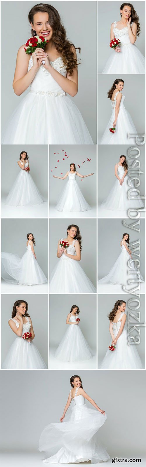 Happy bride in luxury wedding dress stock photo