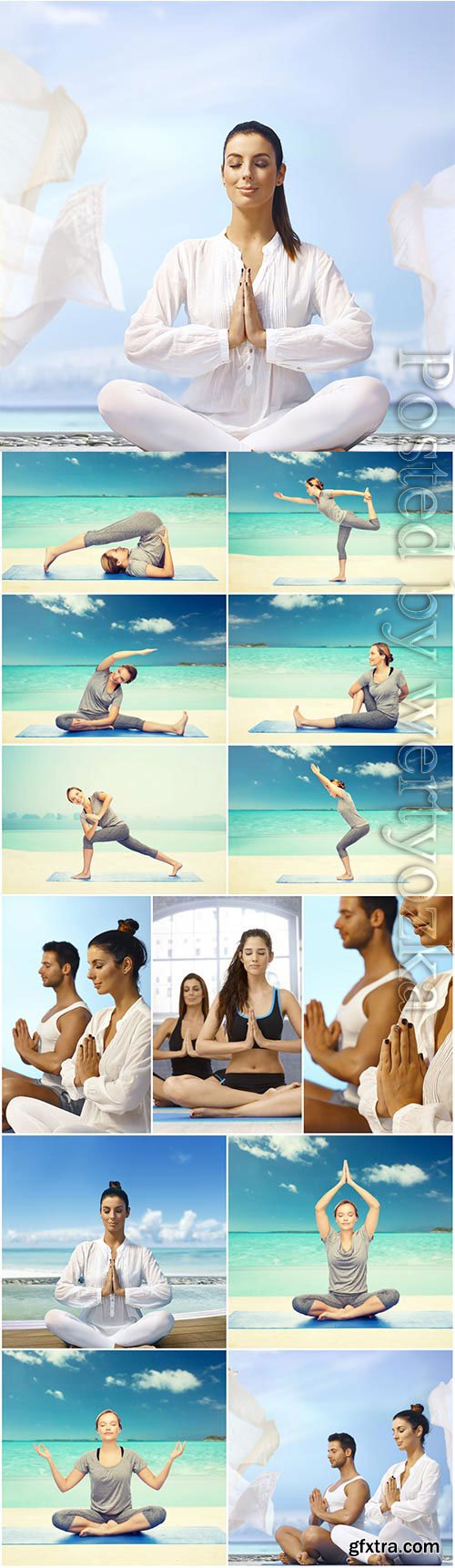 Men and women doing yoga by the sea stock photo