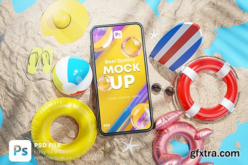 Phone Mockup Between Summer Beach Accessories 3D 