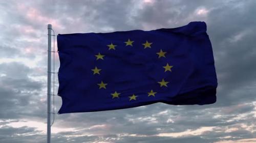 Videohive - Waving European Union Flag in the Wind at Sunset Sky - 32957150 - 32957150