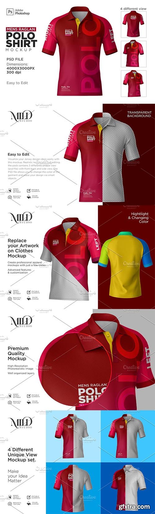 CreativeMarket - Raglan Sleeve Poloshirt Mockup set 6252036