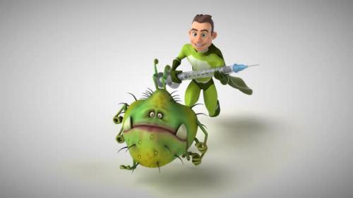 Videohive - 3D Animation of a fun superhero chasing a virus with a vaccine - 32985238 - 32985238