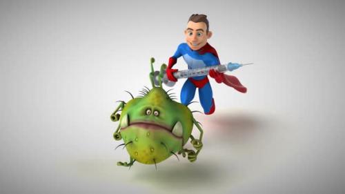 Videohive - 3D Animation of a fun superhero chasing a virus with a vaccine - 33016034 - 33016034