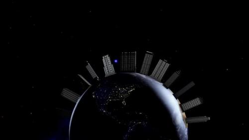 Videohive - Night planet is the earth in space. Animation of large buildings appearing on the planet - 33034646 - 33034646