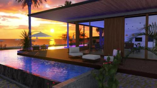 Videohive - Beach House With Sea View Swimming Pool And Sunset Sky - 33042795 - 33042795