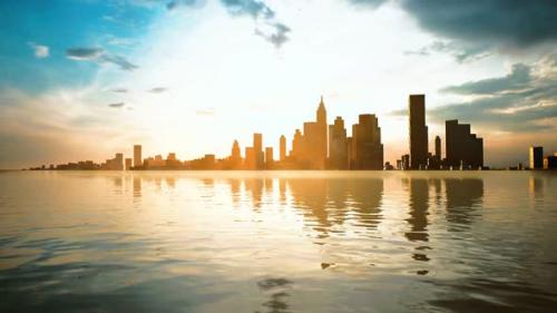 Videohive - Skyline with Skyscrapers and Sea at Sunset - 32988852 - 32988852