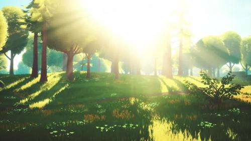 Videohive - Cartoon Green Forest Landscape with Trees and Flowers - 32990423 - 32990423