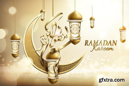 Ramadan kareem vector poster with arabic calligraphy and glossy crescent