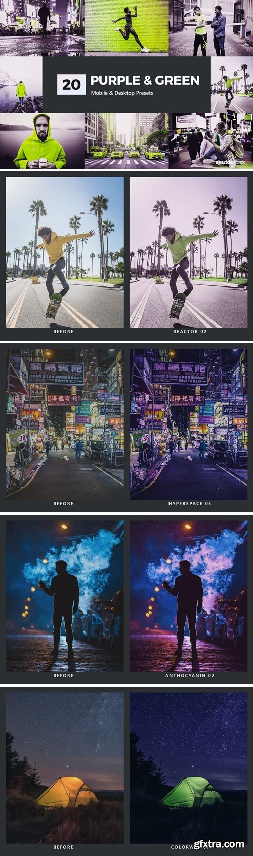 CreativeMarket - 20 Purple & Green Lightroom Presets and LUTs 5234342