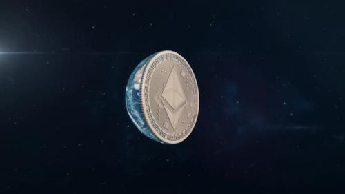 Videohive - Ethereum - Planet Earth Rotating to Reveal Cryptocurrency Coin - 33051344 - 33051344