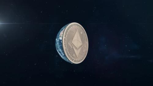 Videohive - Ethereum - Planet Earth Rotating to Reveal Cryptocurrency Coin - 33051345 - 33051345