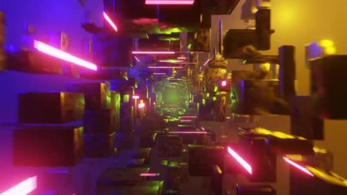 Videohive - Flight in 3D Abstract Infinite Digital Light Blue Yellow Green Cube Tunnel with Neon Lights - 33071450 - 33071450