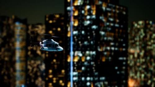 Videohive - Slow Motion Helicopter Near Skyscrapers at Night - 33100555 - 33100555