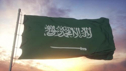 Videohive - Flag of Saudi Arabia Waving in the Wind Against Deep Beautiful Sky at Sunset - 33100835 - 33100835