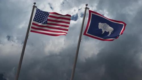 Videohive - Waving Flags Of The United States And The Wyoming State Flag 4K - 33124312 - 33124312