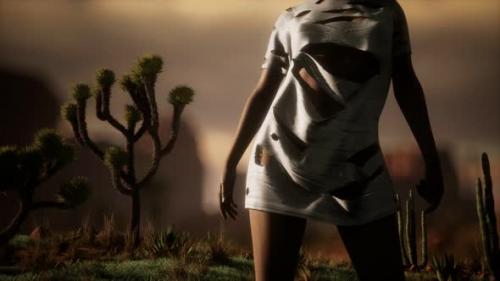 Videohive - Woman in Torn Shirt Standing By Cactus in Desert at Sunset - 33099216 - 33099216