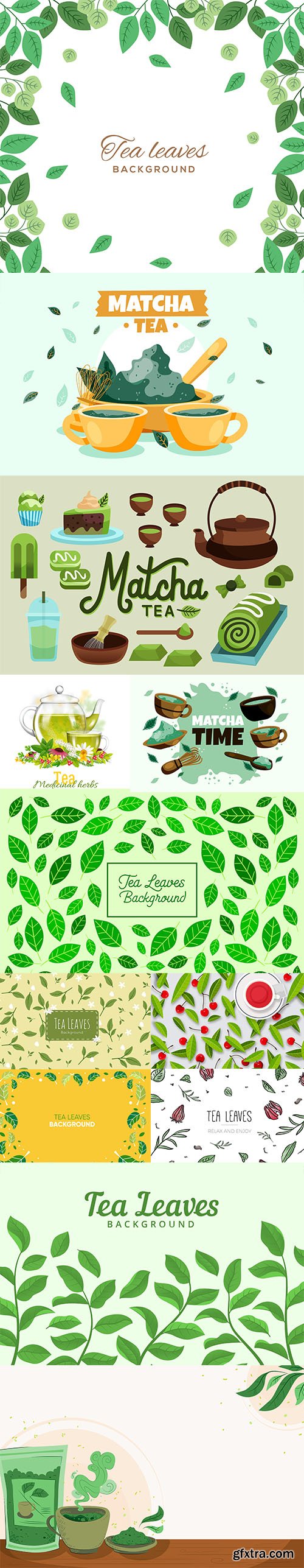 Hand-drawn tea leaves background set