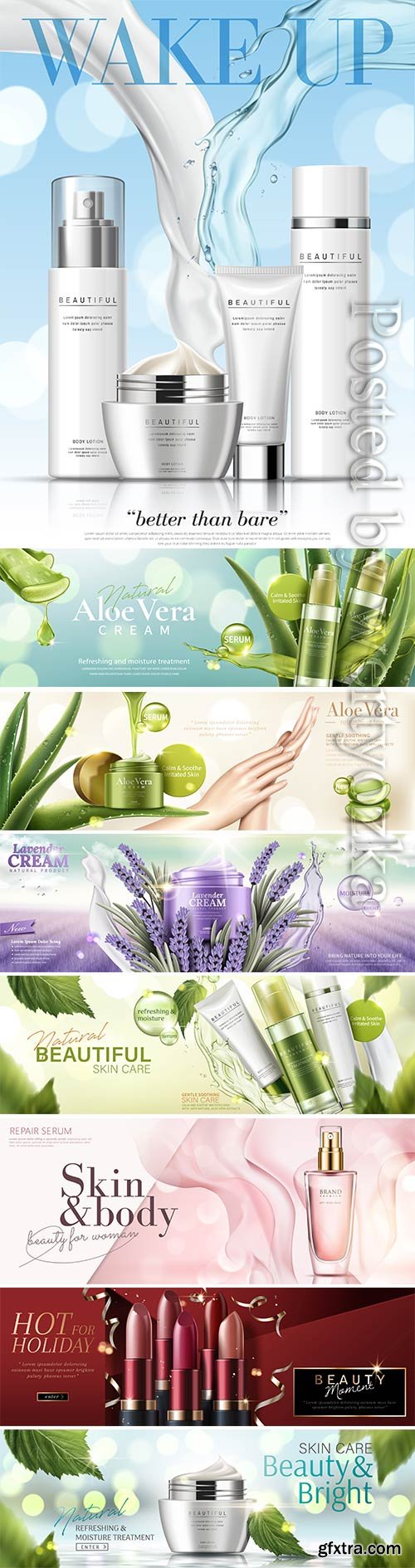 Cosmetic skincare products vector banner