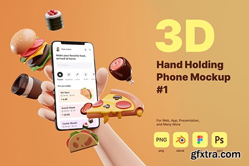 3D Hand Holding Phone Mockup for Food Industry Q6KJPKM