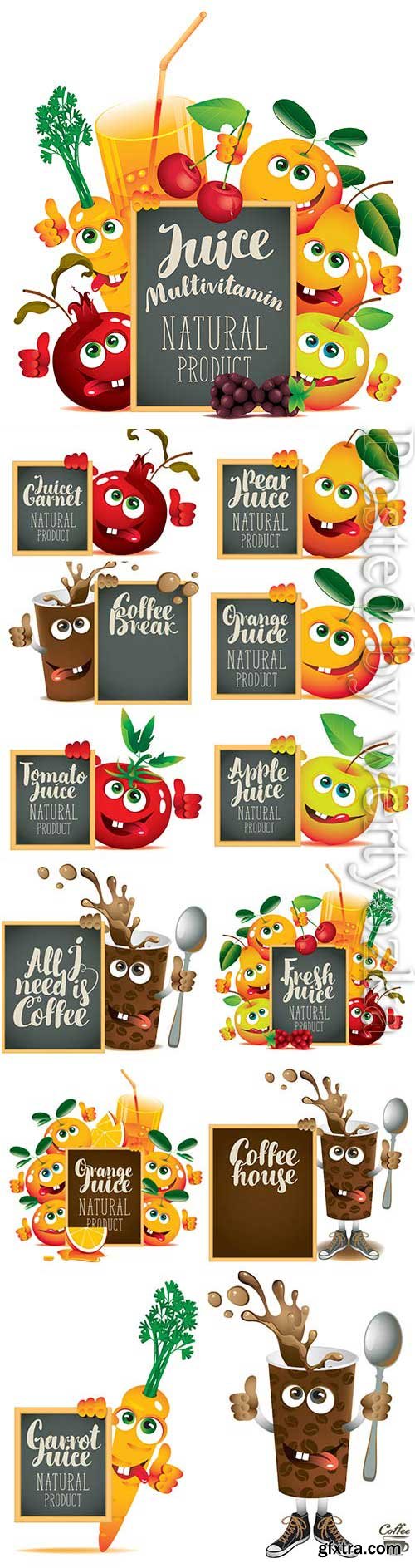 Cartoon fruits with blackboard for text in vector