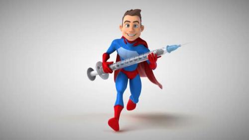 Videohive - Fun 3D cartoon superhero running with a syringe - 33175376 - 33175376