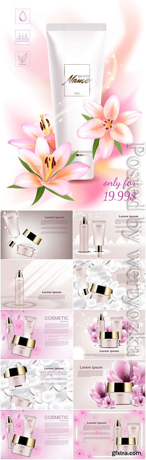 Cosmetic products on background with flowers in vector