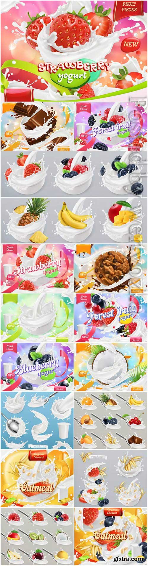 Berries and fruits in milk in vector