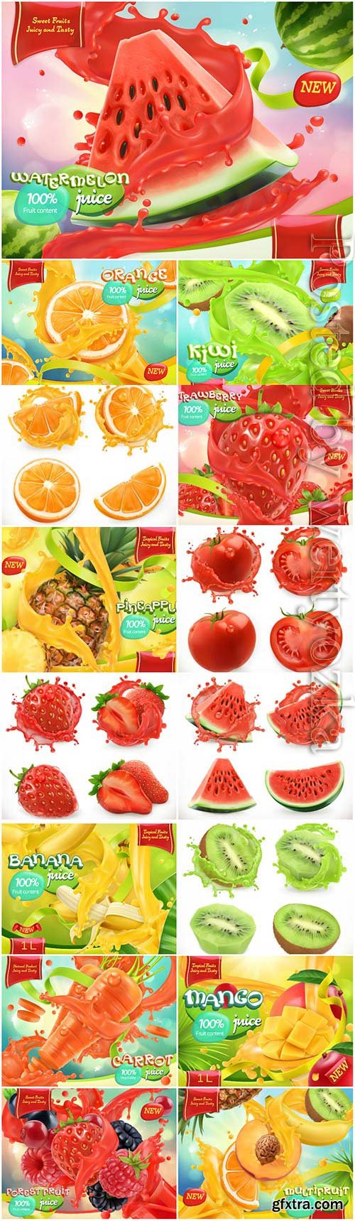 Fresh juices and fruits with berries in vector