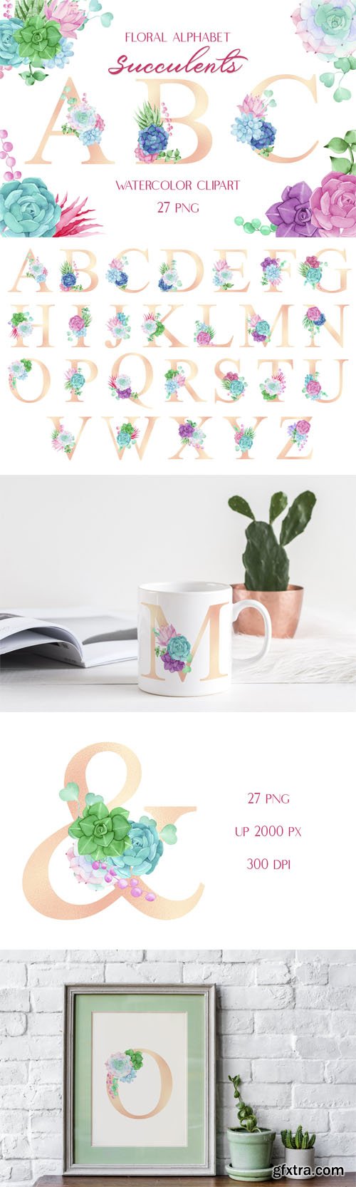 Watercolor Clipart - Floral Alphabet Succulents