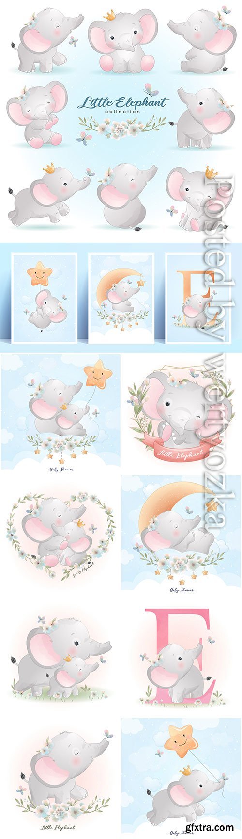 Cute doodle elephant poses with floral illustration premium vector