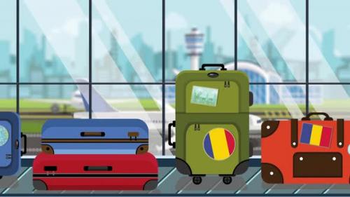 Videohive - Suitcases with Romanian Flag Stickers on Baggage Carousel - 33226892 - 33226892