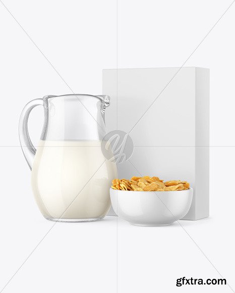 Glass Milk Jug and Bowl with Corn Flakes mockup 86588