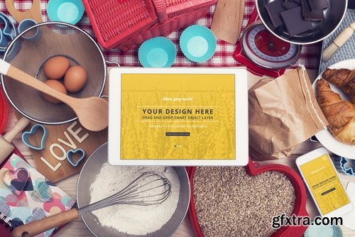 Tablet and Smartphone Surrounded by Baking Supplies Mockup 1 128898424