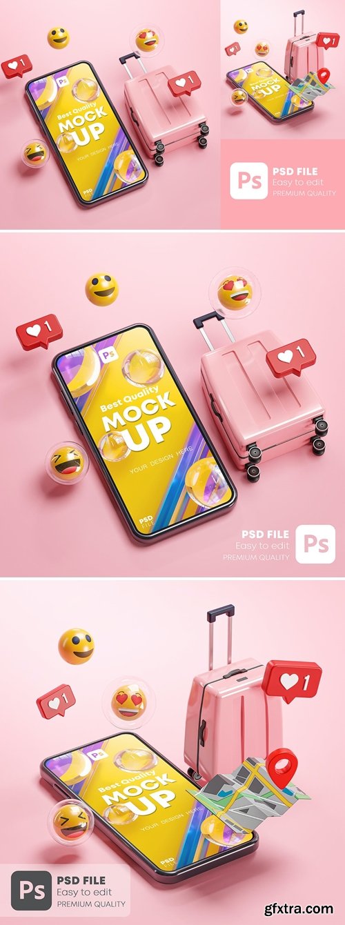 Phone Mockup Pink Suitcase Emoji Travel Online 3D