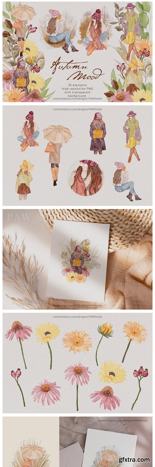 Autumn Mood Watercolor Clipart Boho Girl 14981101