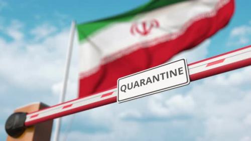 Videohive - Open Boom Gate with QUARANTINE Sign at the Iranian Flag - 33259605 - 33259605